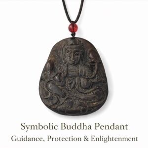 Vtg Carved Stone Buddha Pendant Necklace, Symbol of Protection/Guidance/Enlighte